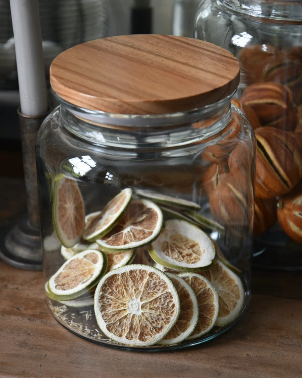 Glazen Voorraad Pot Met Houten Deksel Laag, IB Laursen 3 Glazen Voorraad Pot Met Houten Deksel Laag, IB Laursen