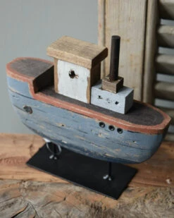 Houten Schip Op Metalen Standaard Handgeschilderd Blauw Groot, IB Laursen
