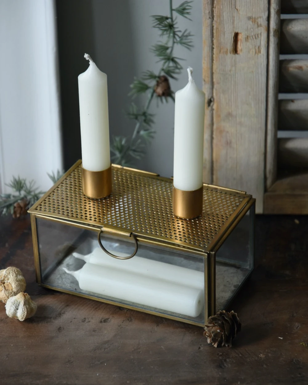 Kandelaar Kistje Antiek Look Metaal Glas, IB Laursen 3 Kandelaar Kistje Antiek Look Metaal Glas, IB Laursen